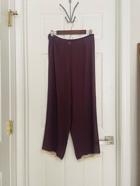 Vintage Sheer Brown Straight-Leg Pants with Cream Lace Hem